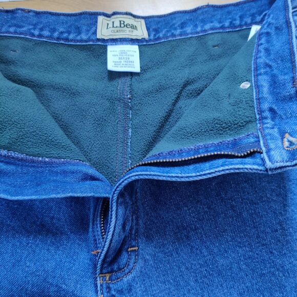 L.L. Bean Classic Fit Green Fleece Lined Mens Tag 35x29 (33X28) Blue Jeans Heavy - Picture 1 of 15